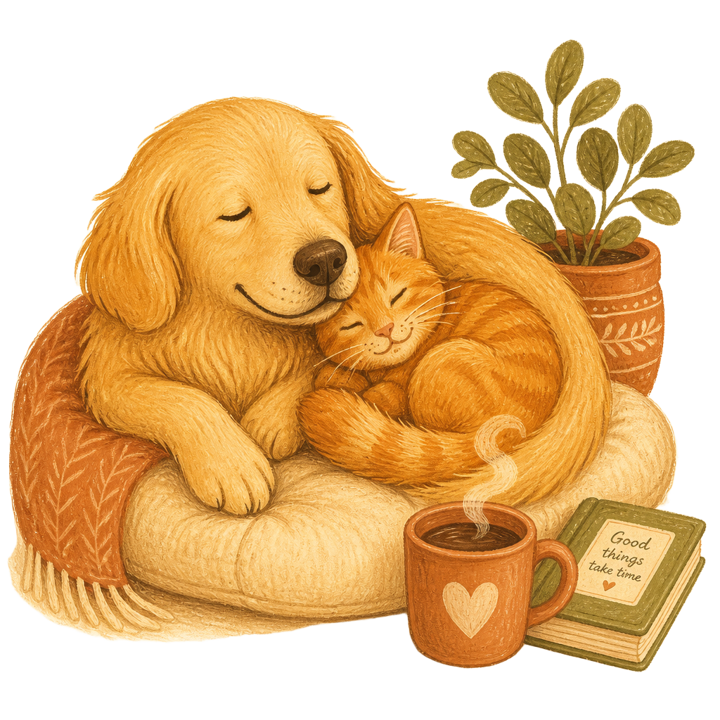 Illustration of a golden retriever and a ginger cat curled up together beside a warm mug of coffee